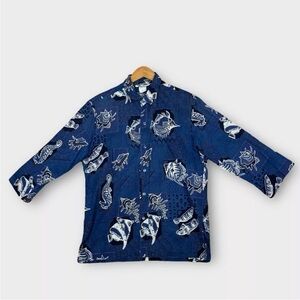 Vintage 1980s Hilo Hattie Fish Seahorse 3/4 Sleeve Hawaiian Shirt Mens Large USA